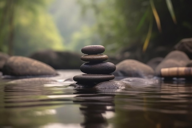 A stack of zen stones in a stream with a green background.