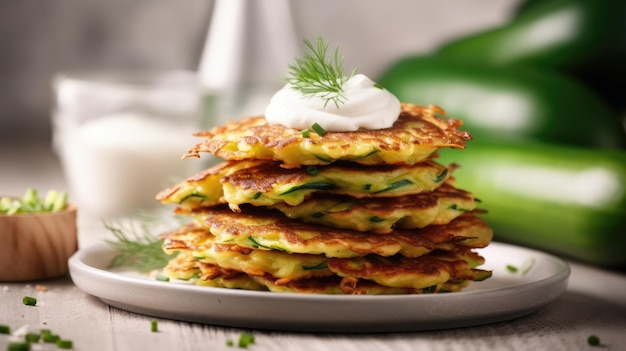 A stack of zucchini pancakes with sour cream on top