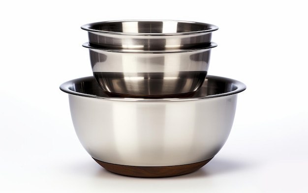 Photo stackable and nestable mixing bowls set in different sizes on white background