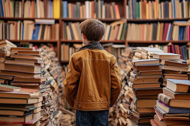 Stacked Back view kid pile books Generate Ai