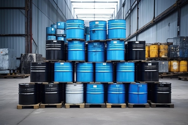 Stacked barrels or drums of industrial oil or chemicals