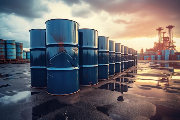 Stacked barrels or drums of industrial oil or chemicals