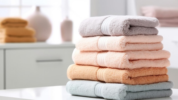 Stacked bath towels on white table indoors