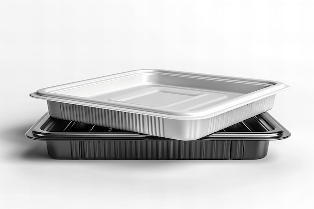 Photo stacked black and white plastic food trays on white background