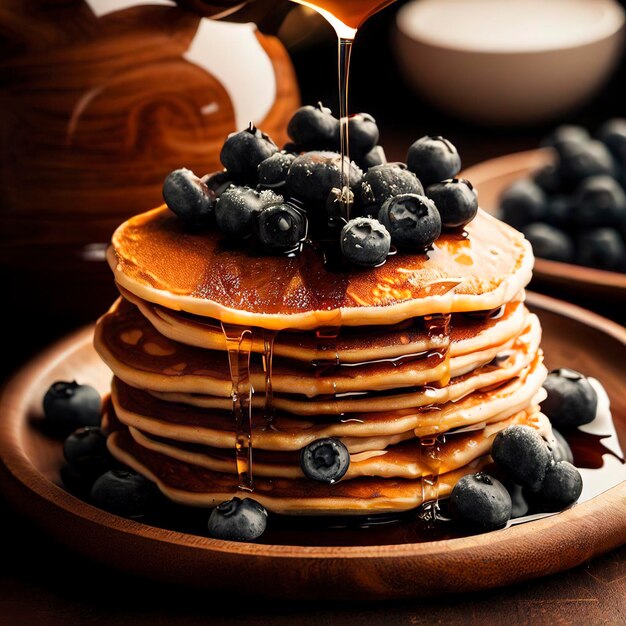 Stacked blueberry pancakes on wooden plate with syrup