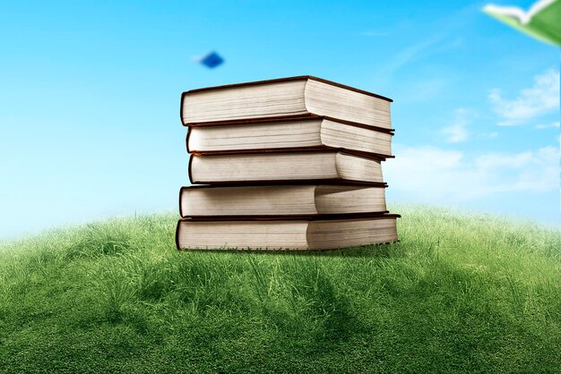 Stacked book on the green grass World Book Day