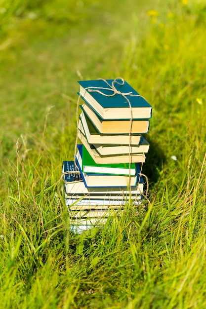 Stacked books on the grass