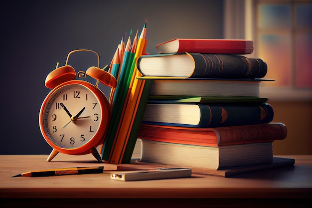 Stacked books with alarm clock and pencils on table Generative Ai