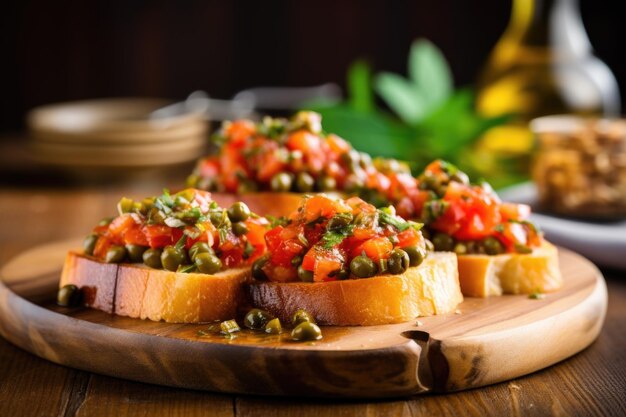 Foto bruschetta impilata con capperi su tavola di legno rustica