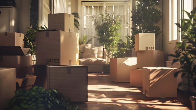 Stacked cardboard boxes in home setting suggest organization Ai Generated