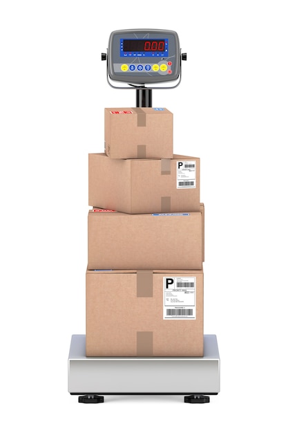 Stacked Cardboard Boxes Parcels over Warehouse Digital Cargo Scales on a white background. 3d Rendering