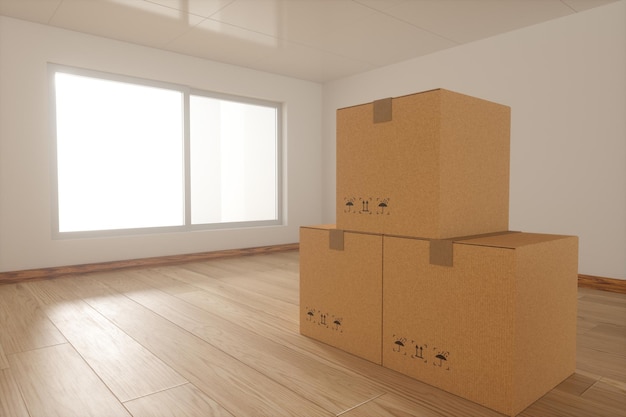 Stacked cardboard in the empty room with sunlight come from the windows 3d rendering