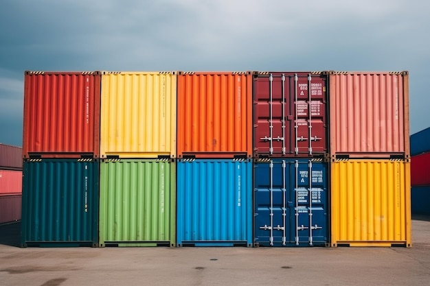 Stacked cargo containers in freight sea port terminal exportimport national delivery