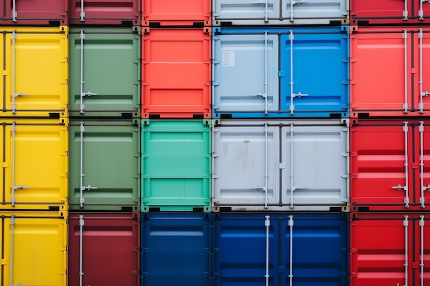 Stacked cargo containers in sea port exportimport and national goods delivery concept