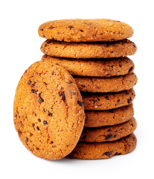 Stacked chocolate chip cookies isolated on white background close up