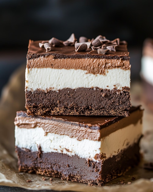 stacked chocolate mousse brownies with a rich fudgy texture