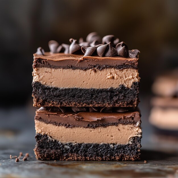 stacked chocolate mousse brownies with a rich fudgy texture