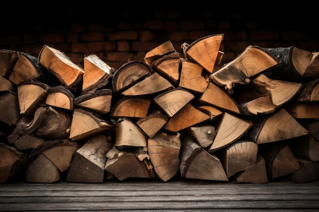 Stacked chopped firewood on the desk brick wall on background