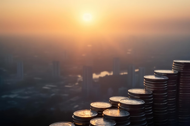 Stacked of coin money tall as towers in sun rise