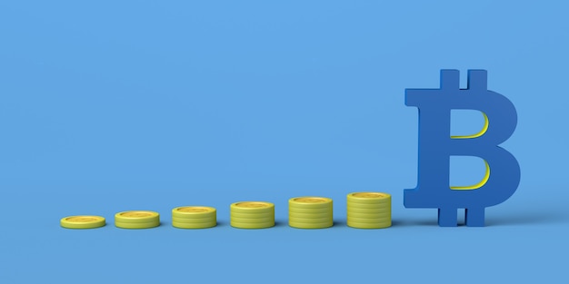 積み重ねられたコインとビットコインのシンボル暗号通貨の金銭的成長の概念3Dイラスト