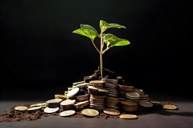 Stacked coins with dirt and plant