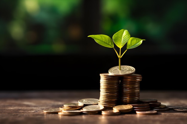 Stacked coins with plant on table black background