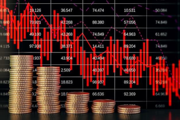 Stacked coins with a red bearish stock market trend 3D Rendering