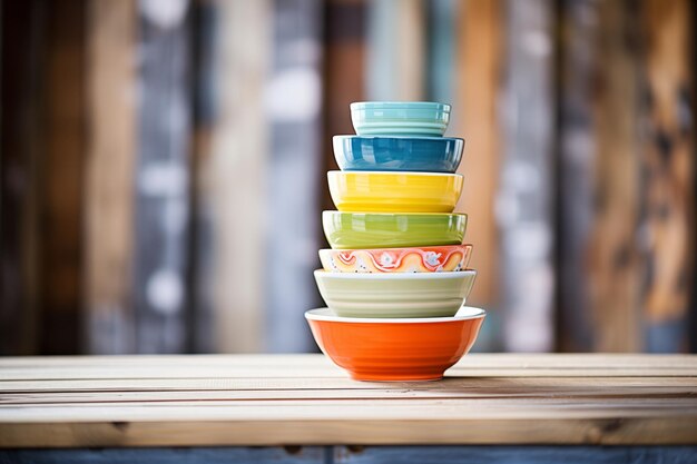Photo stacked colorful ceramic bowls on rustic table