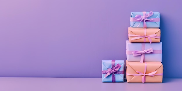 Stacked colorful gift boxes against a purple background