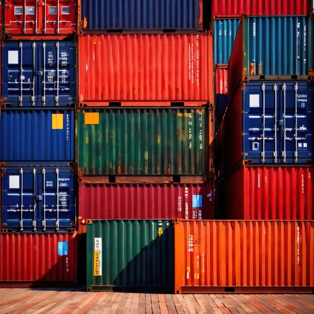 Foto container di carico metallici colorati impilati utilizzati per il trasporto e lo stoccaggio nella logistica marittima in