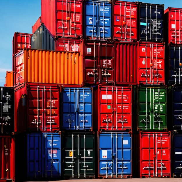 Stacked colorful metal cargo containers used for transportation and storage in shipping logistics in