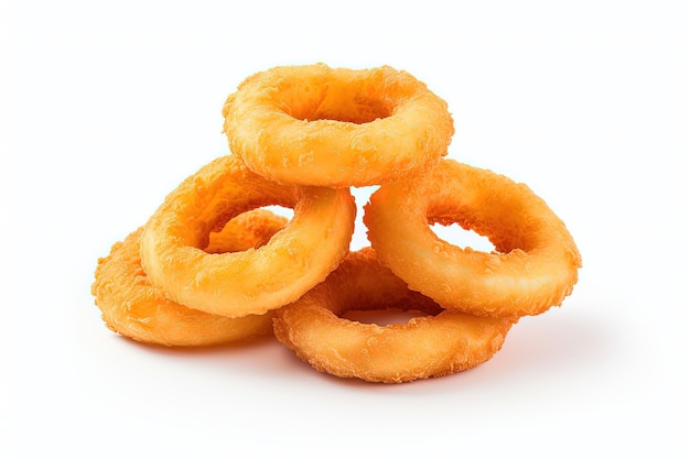 Stacked fast food onion rings on a white surface alone