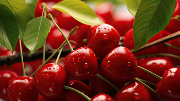 stacked fresh organic cherries fruit with water drips