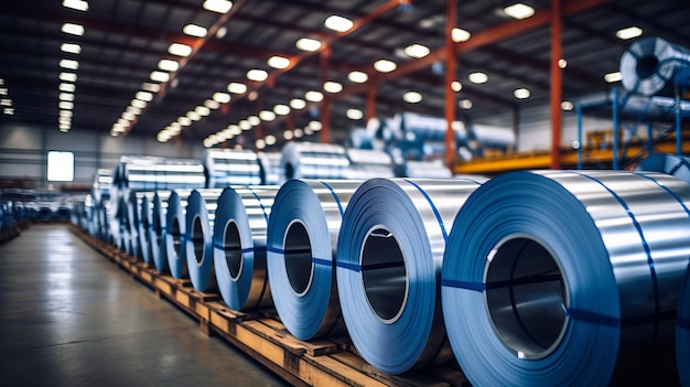 Photo stacked galvanized sheet steel rolls in a factory warehouse for production and distribution