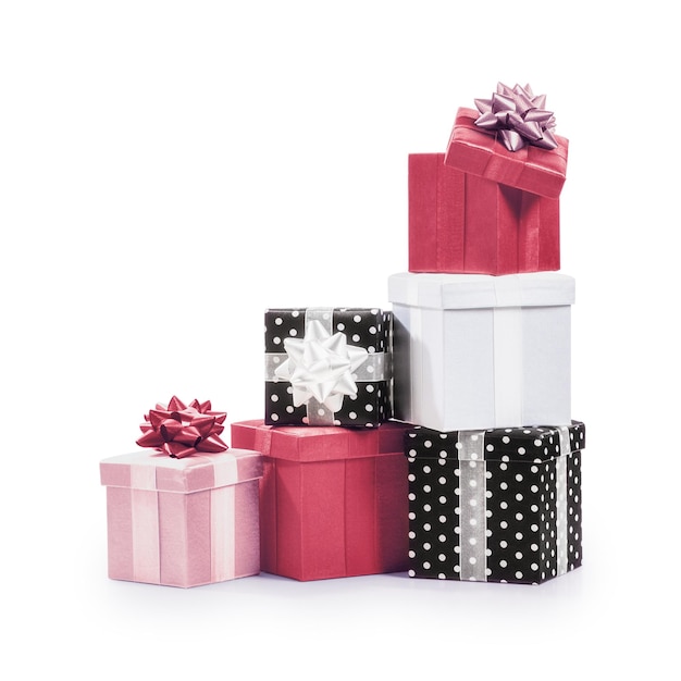 Stacked gift boxes with ribbon bow. Holiday present. Croup of objects isolated on white background. Clipping path