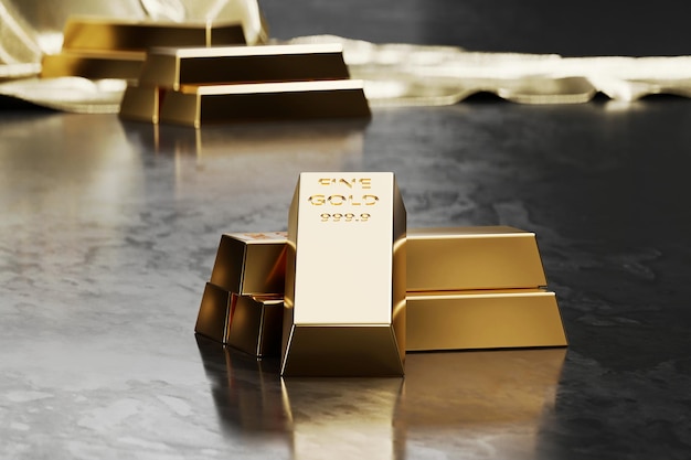 Stacked Gold bars placed on glossy background 3D rendering soft focus