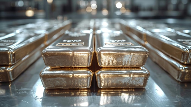 Stacked Gold Bars on Reflective Surface