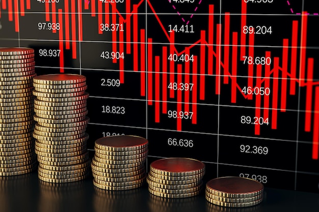 Stacked golden coins with falling red forex chart on dark wallpaper Crisis and recession concept 3D Rendering