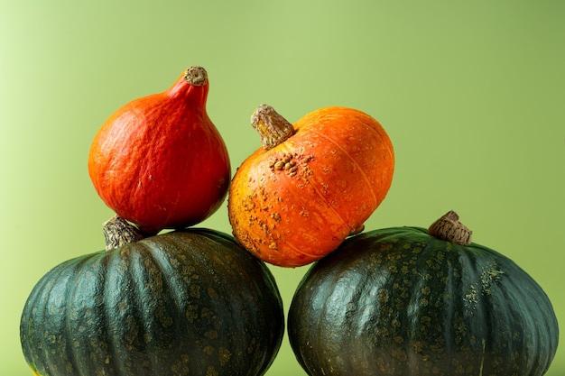 Stacked green and orange pumpkins