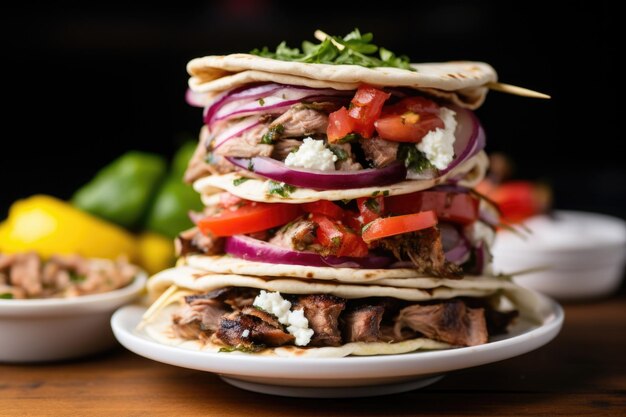 Photo stacked gyros before being wrapped in mediterranean kitchen