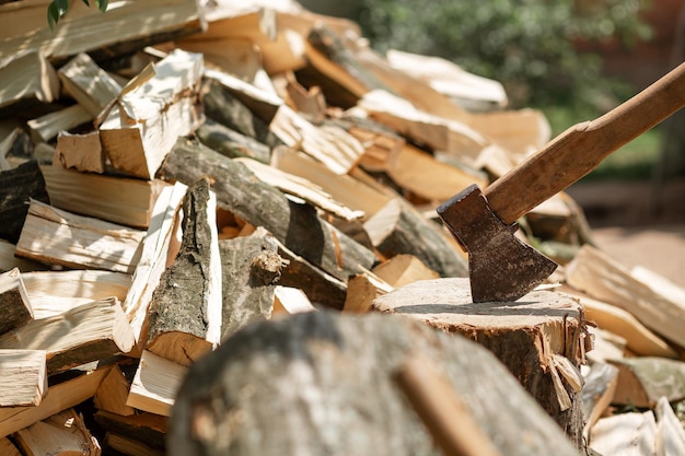 A stacked heap of chopped firewood for the stove Agriculture