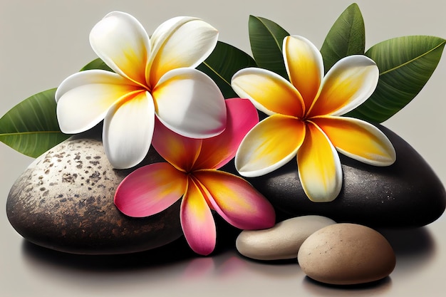 Stacked hot stones for massage spa and frangipani Generative Ai