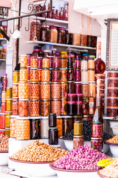 Stacked jars of Olives in Marrakesh.