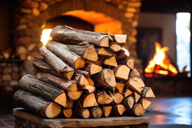 Photo stacked logs of firewood by the fireplace