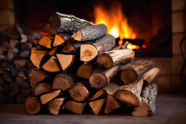 Stacked logs of firewood by the fireplace