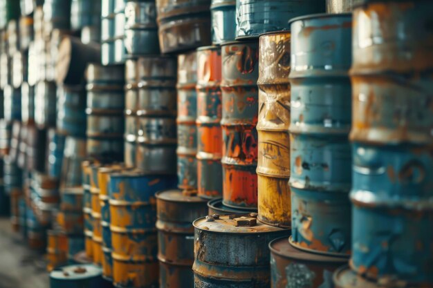 Stacked oil barrels and chemical drums in industrial plant