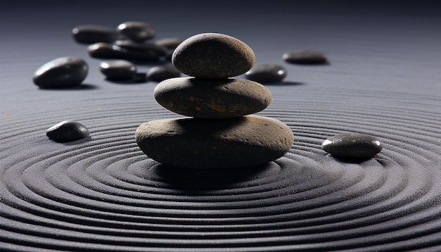 Stacked pebbles create a tranquil balance in nature generated by AI