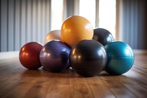 Stacked pilates balls on a wooden floor