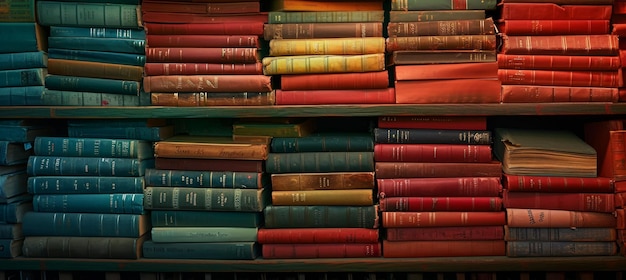 선반 위에 다채로운 책들이 쌓여 있는 무지개