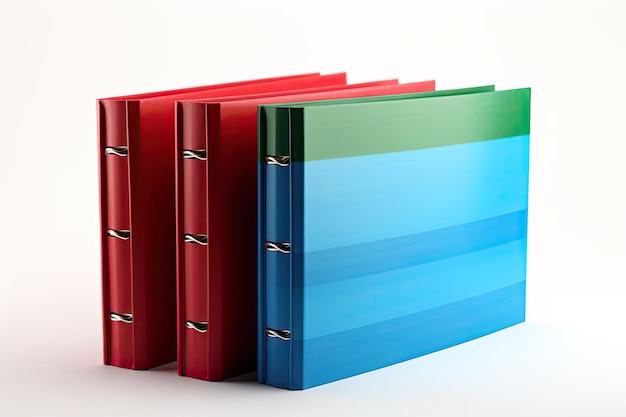 Stacked red green and blue ring binders